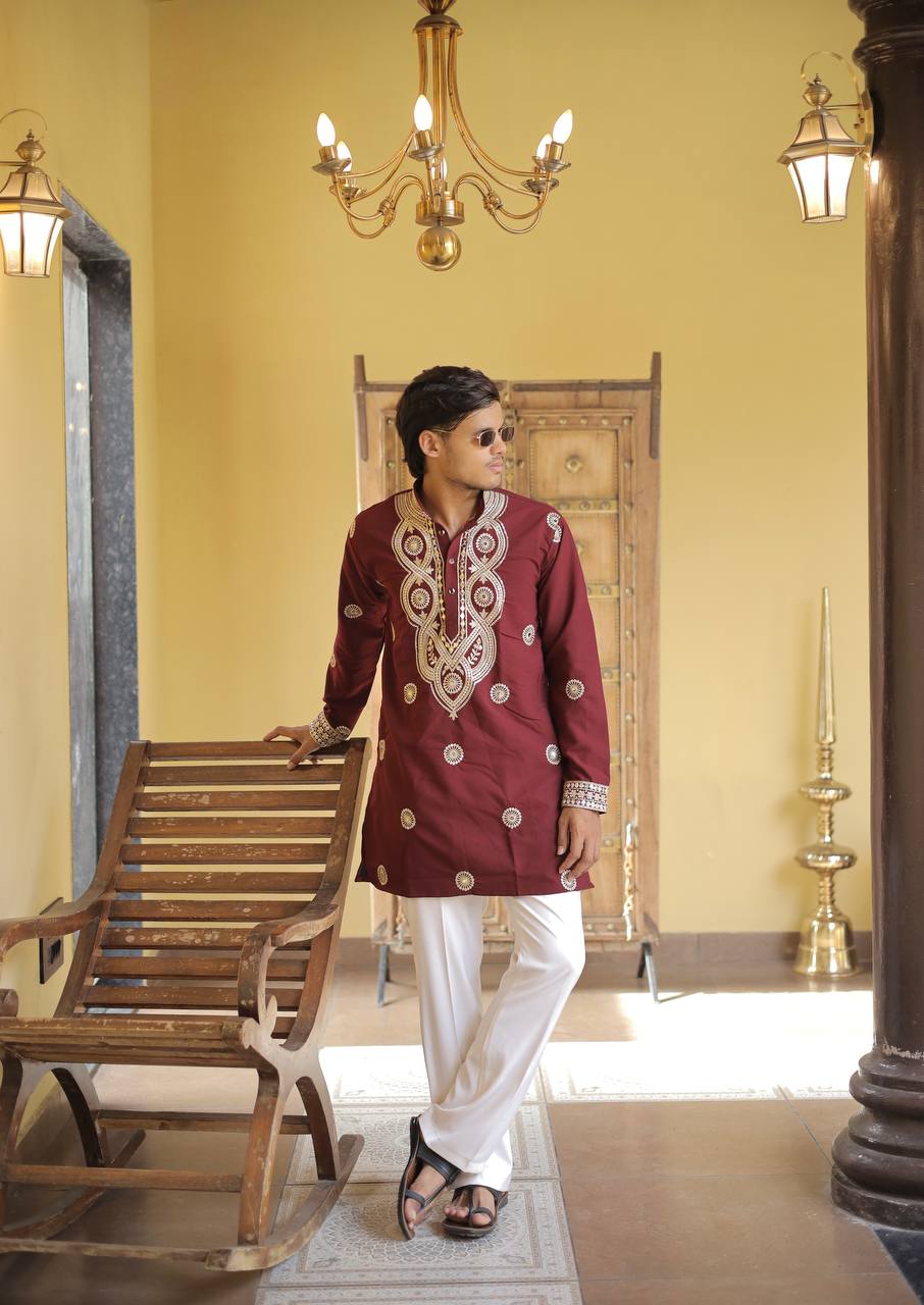 Maroon Golden Jari Mirror Work Kurta