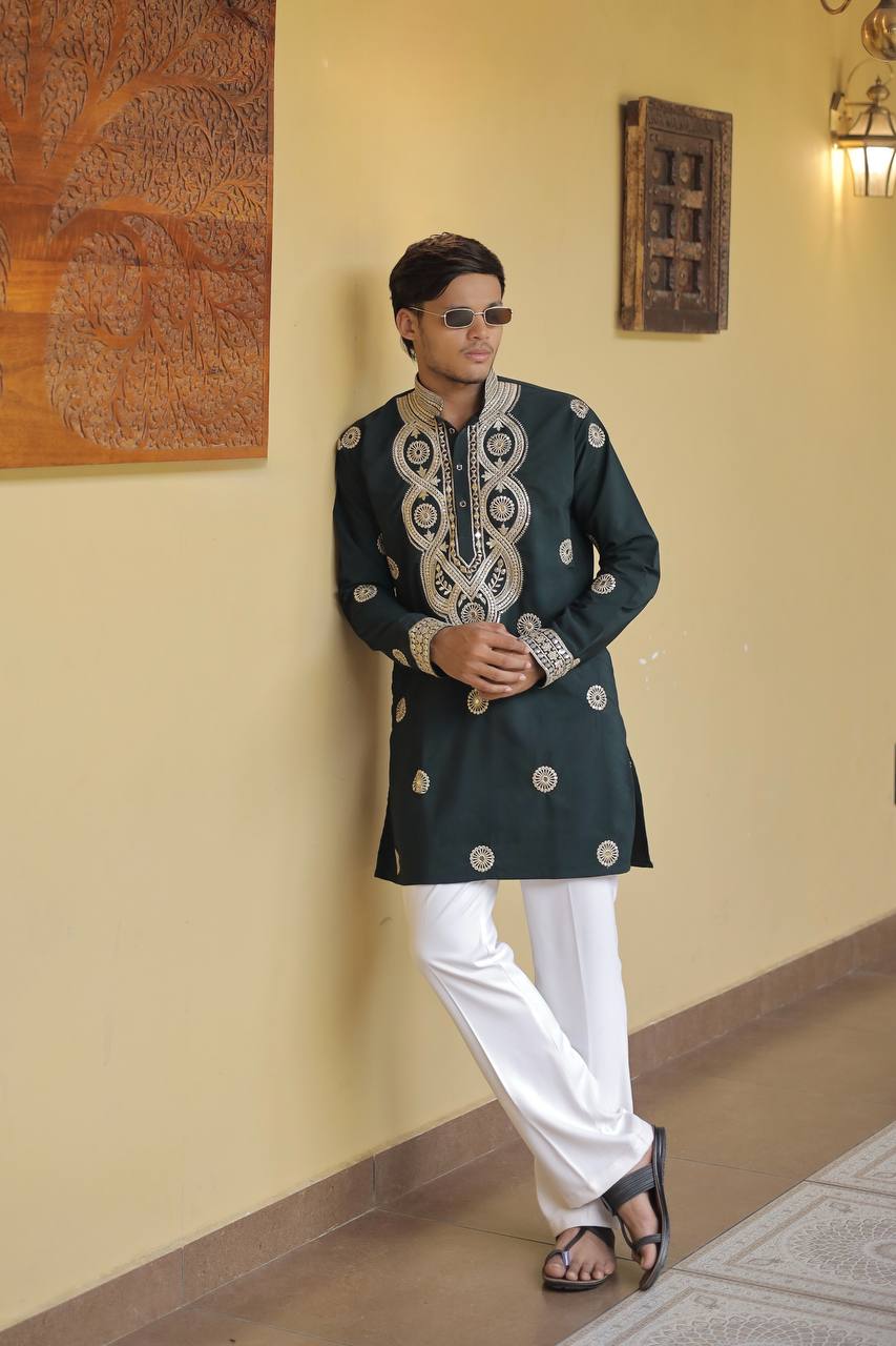 Bottle Green Jari Mirror Work Kurta