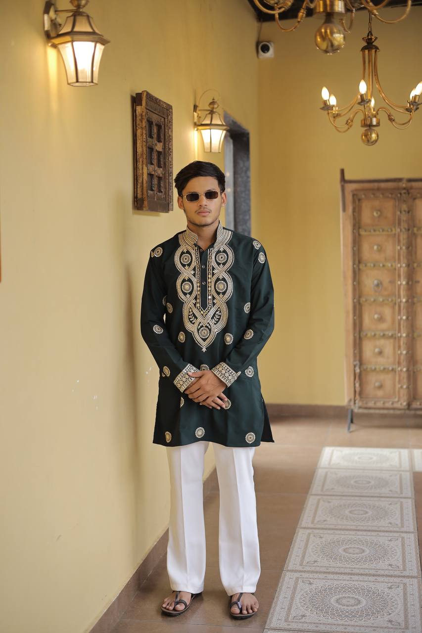 Bottle Green Jari Mirror Work Kurta