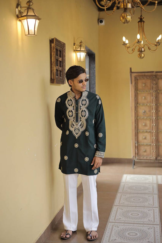 Bottle Green Jari Mirror Work Kurta