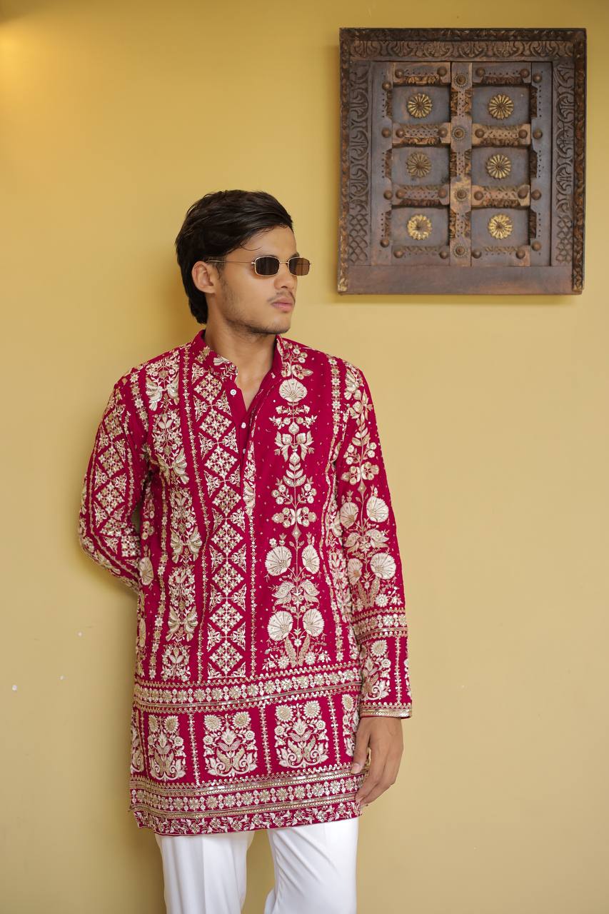 Crimson Red Georgette Flower Heavy Embroidered kurta