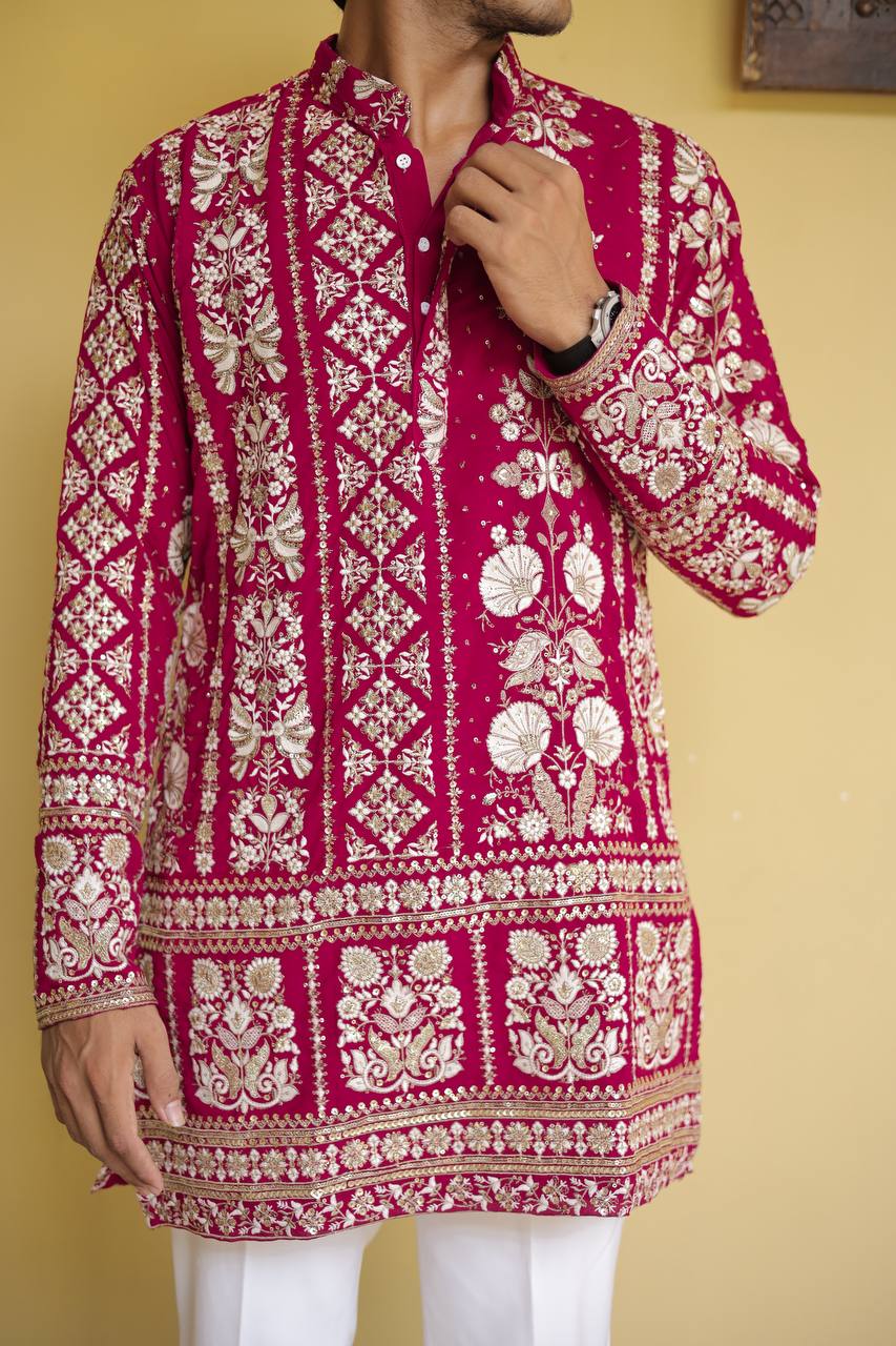 Crimson Red Georgette Flower Heavy Embroidered kurta