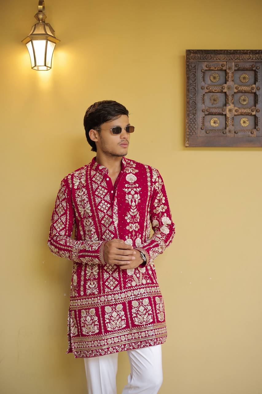 Crimson Red Georgette Flower Heavy Embroidered kurta