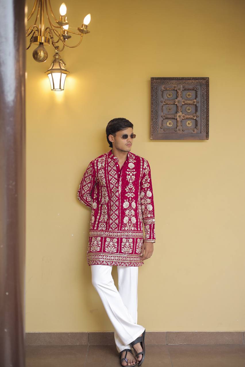 Crimson Red Georgette Flower Heavy Embroidered kurta