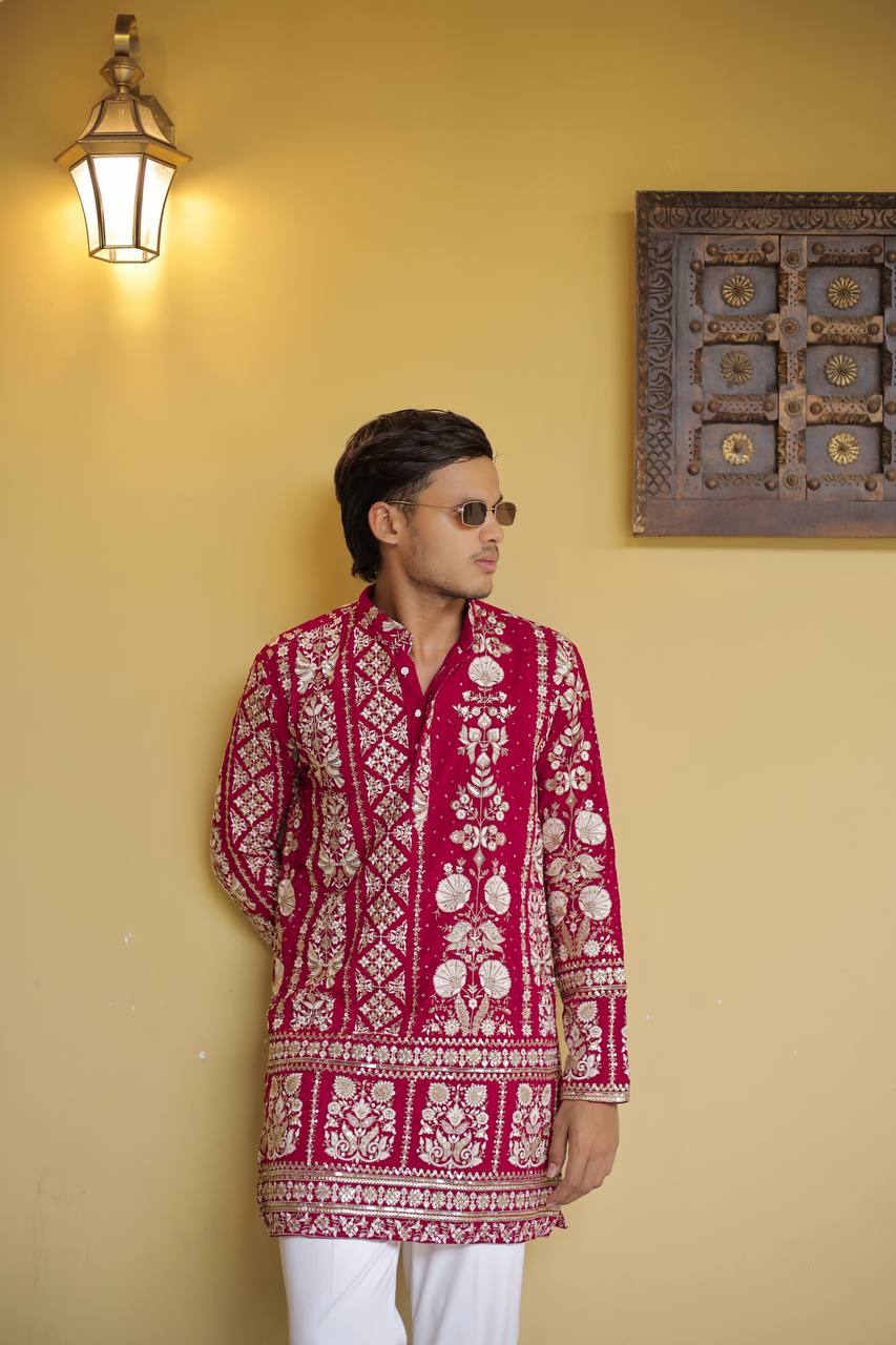 Crimson Red Georgette Flower Heavy Embroidered kurta