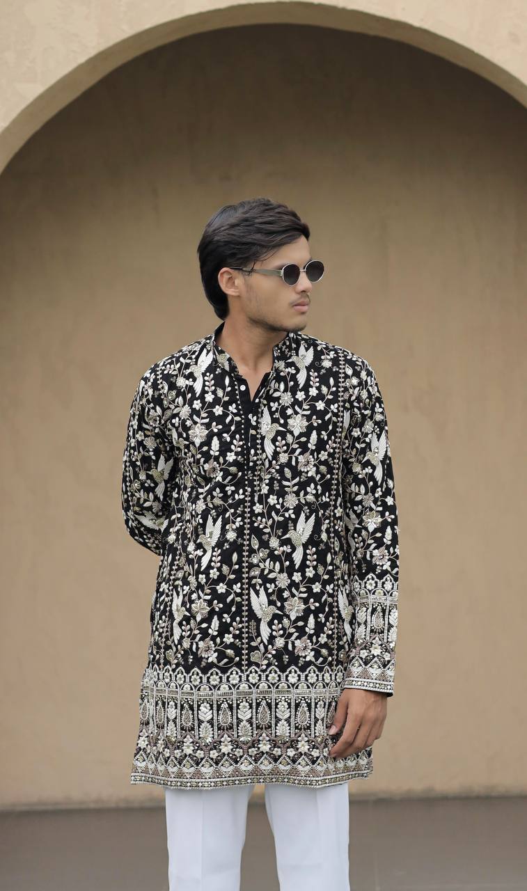 Black Georgette Birds Heavy Embroidered kurta