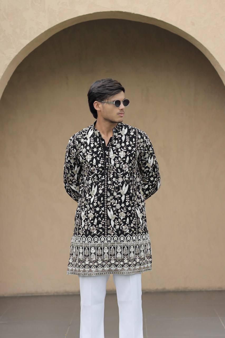 Black Georgette Birds Heavy Embroidered kurta