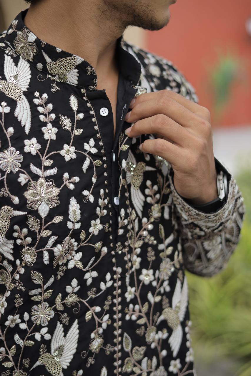 Black Georgette Birds Heavy Embroidered kurta