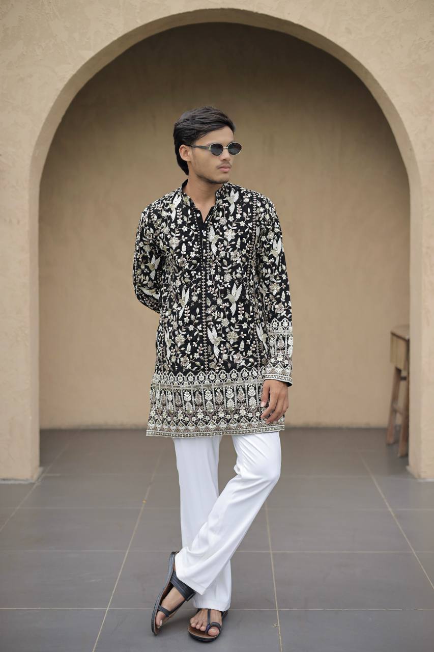 Black Georgette Birds Heavy Embroidered kurta