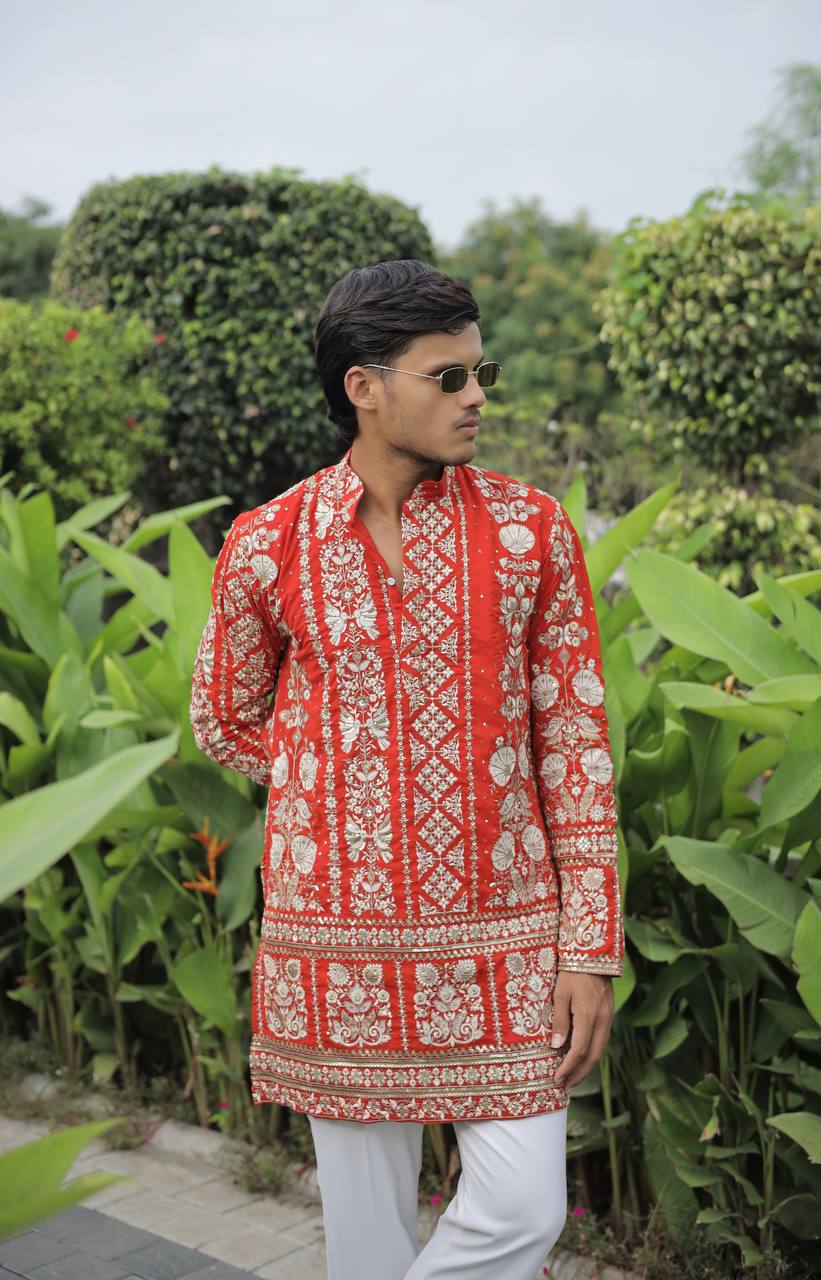 Orange Georgette Flower Heavy Embroidered kurta