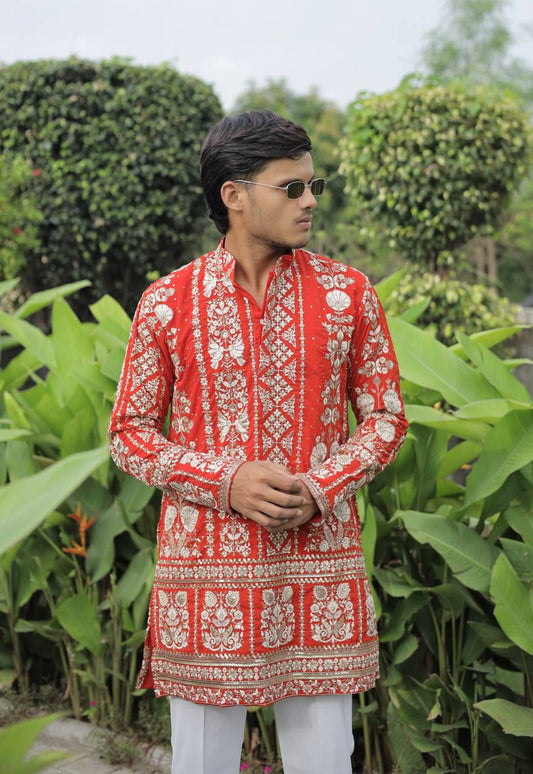 Orange Georgette Flower Heavy Embroidered kurta