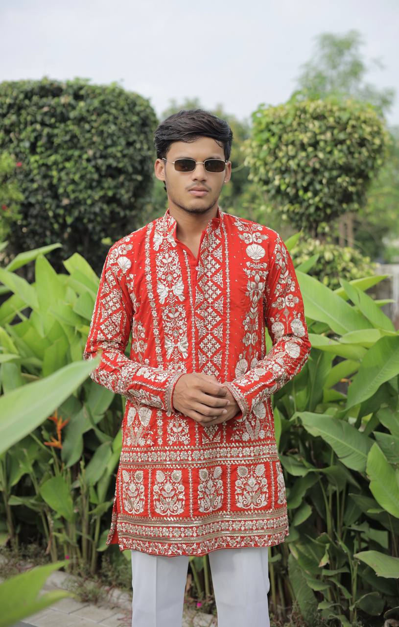 Orange Georgette Flower Heavy Embroidered kurta