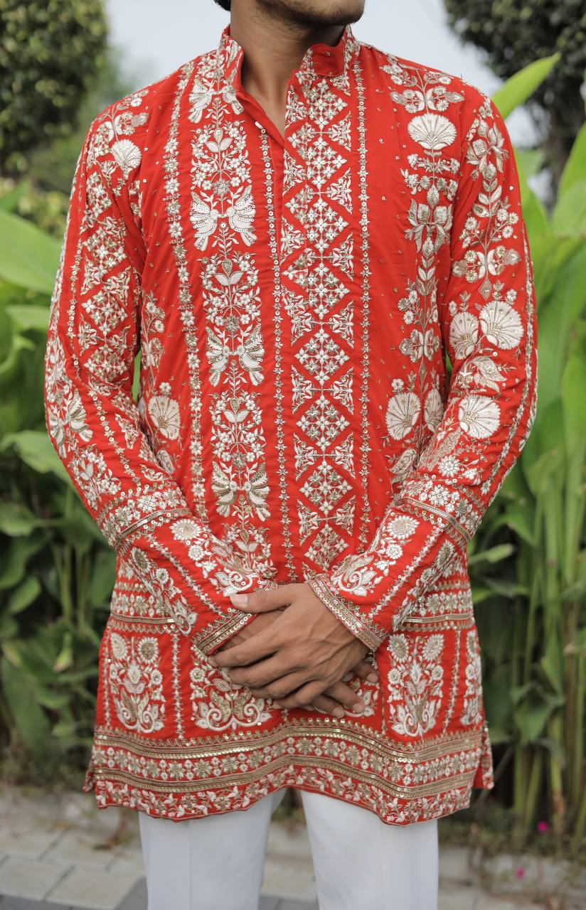 Orange Georgette Flower Heavy Embroidered kurta
