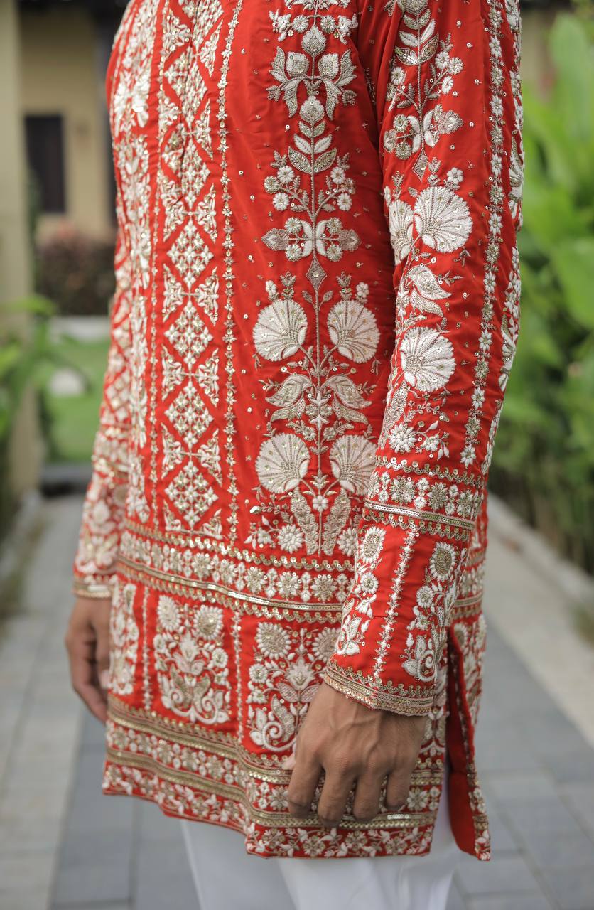 Orange Georgette Flower Heavy Embroidered kurta