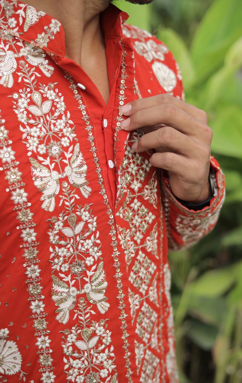 Orange Georgette Flower Heavy Embroidered kurta