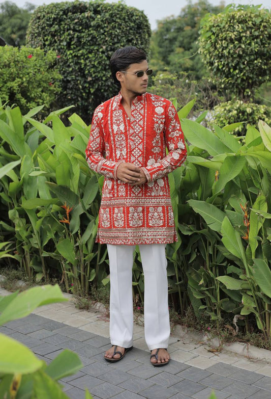 Orange Georgette Flower Heavy Embroidered kurta