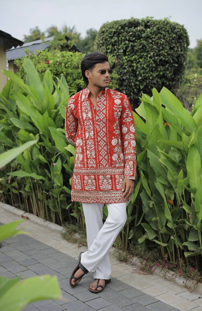 Orange Georgette Flower Heavy Embroidered kurta
