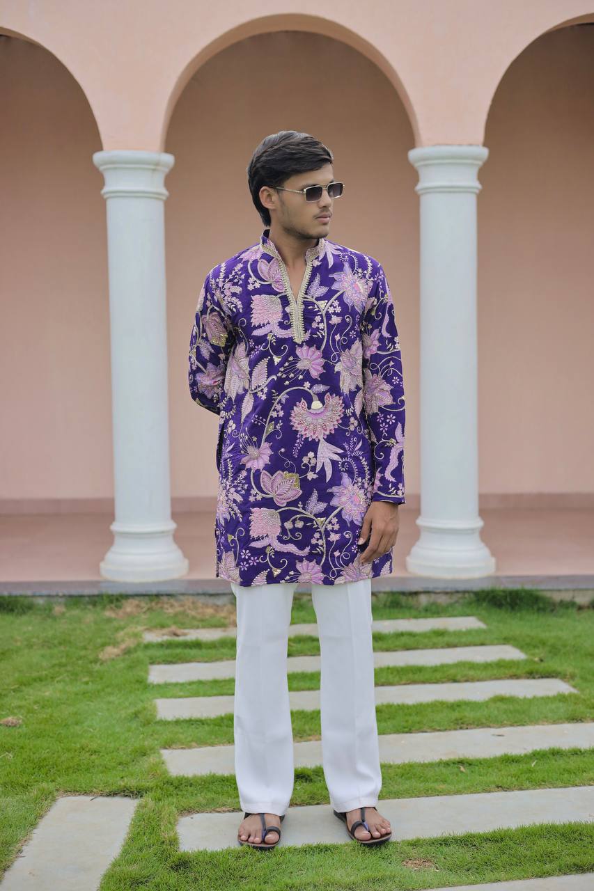 Violet Flower Position Printed Premium Kurta