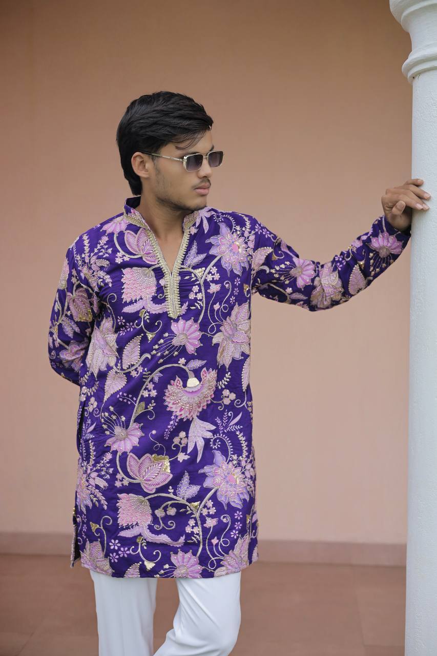 Violet Flower Position Printed Premium Kurta