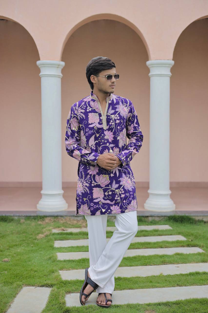 Violet Flower Position Printed Premium Kurta