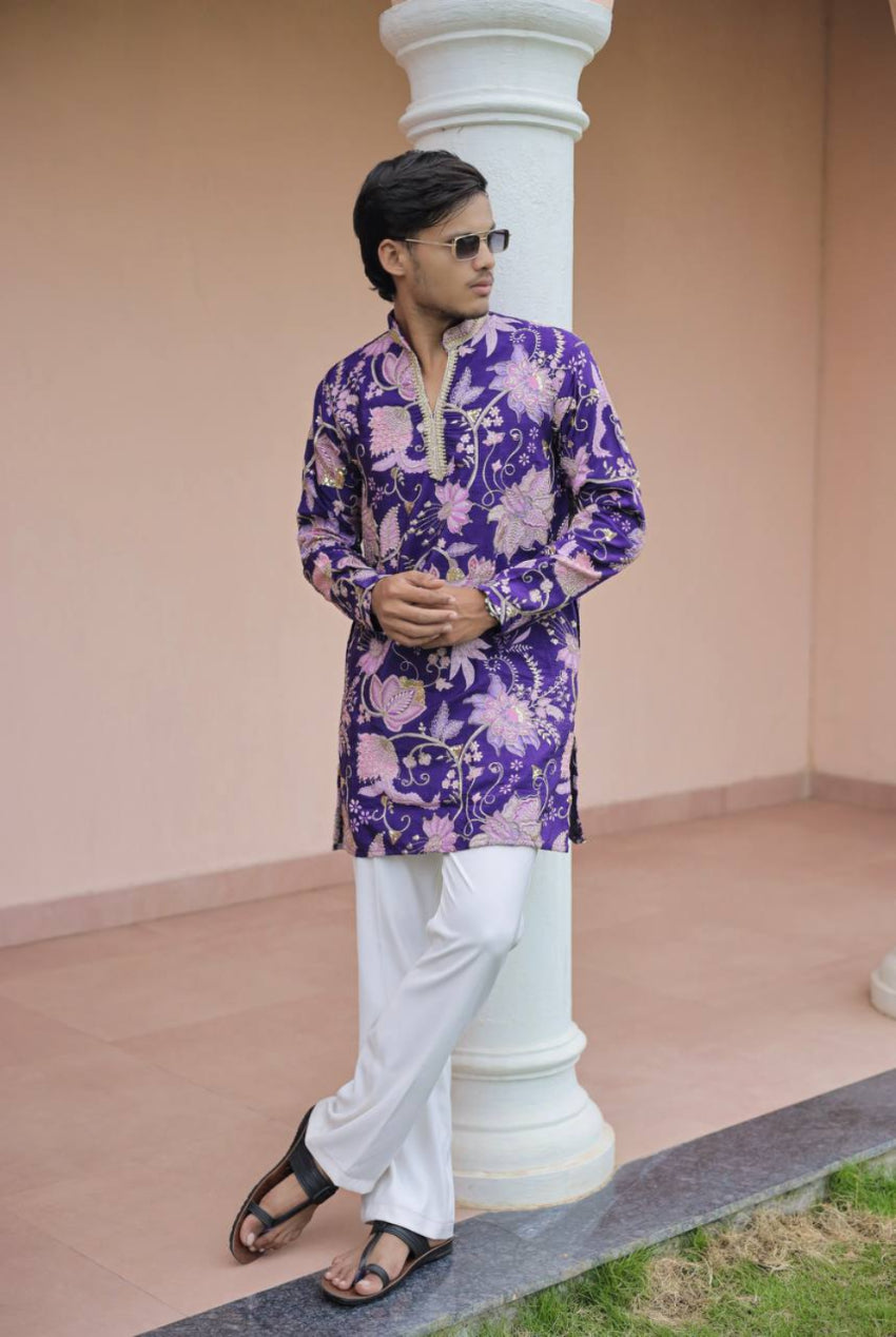 Violet Flower Position Printed Premium Kurta