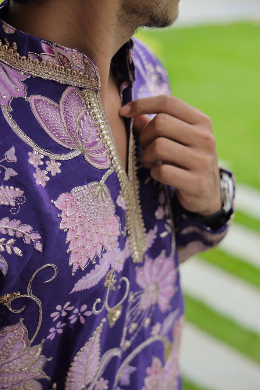 Violet Flower Position Printed Premium Kurta