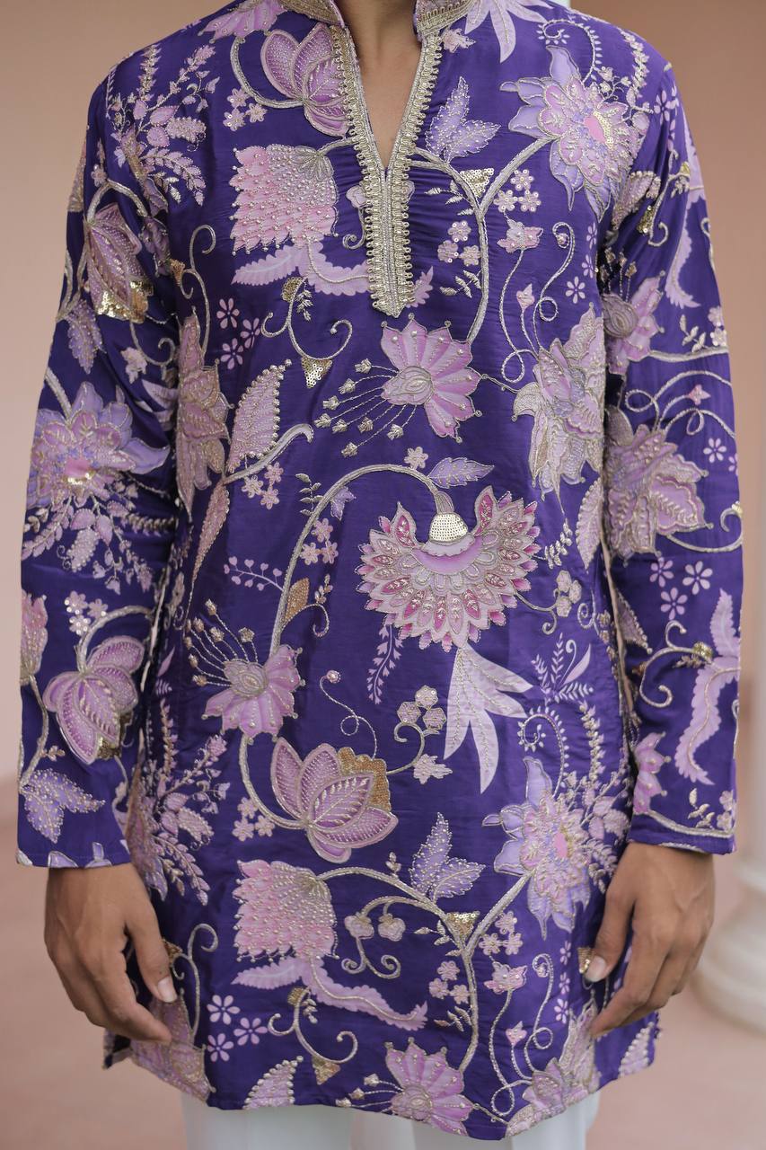 Violet Flower Position Printed Premium Kurta