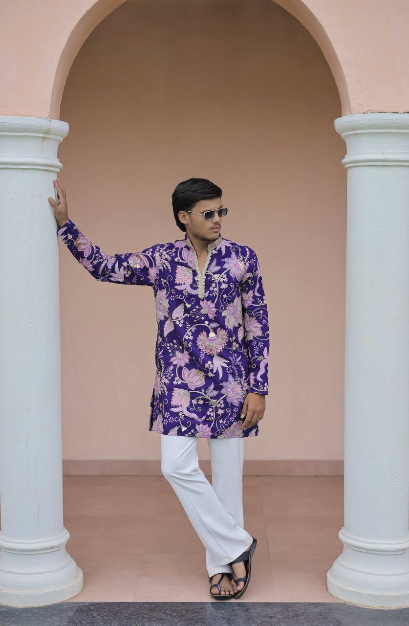 Violet Flower Position Printed Premium Kurta