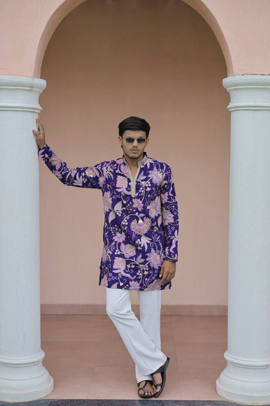 Violet Flower Position Printed Premium Kurta