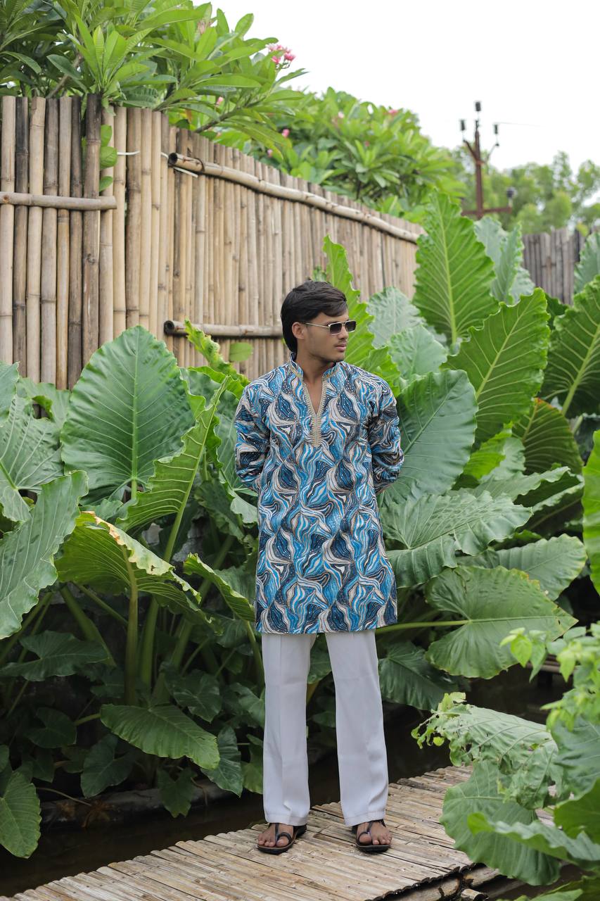 Skyblue Carnival Position Printed Premium Kurta