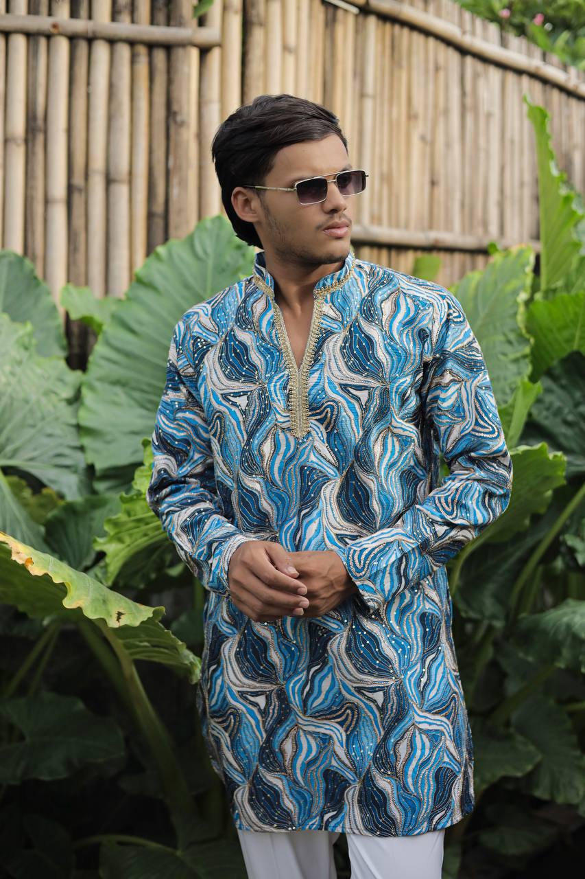 Skyblue Carnival Position Printed Premium Kurta