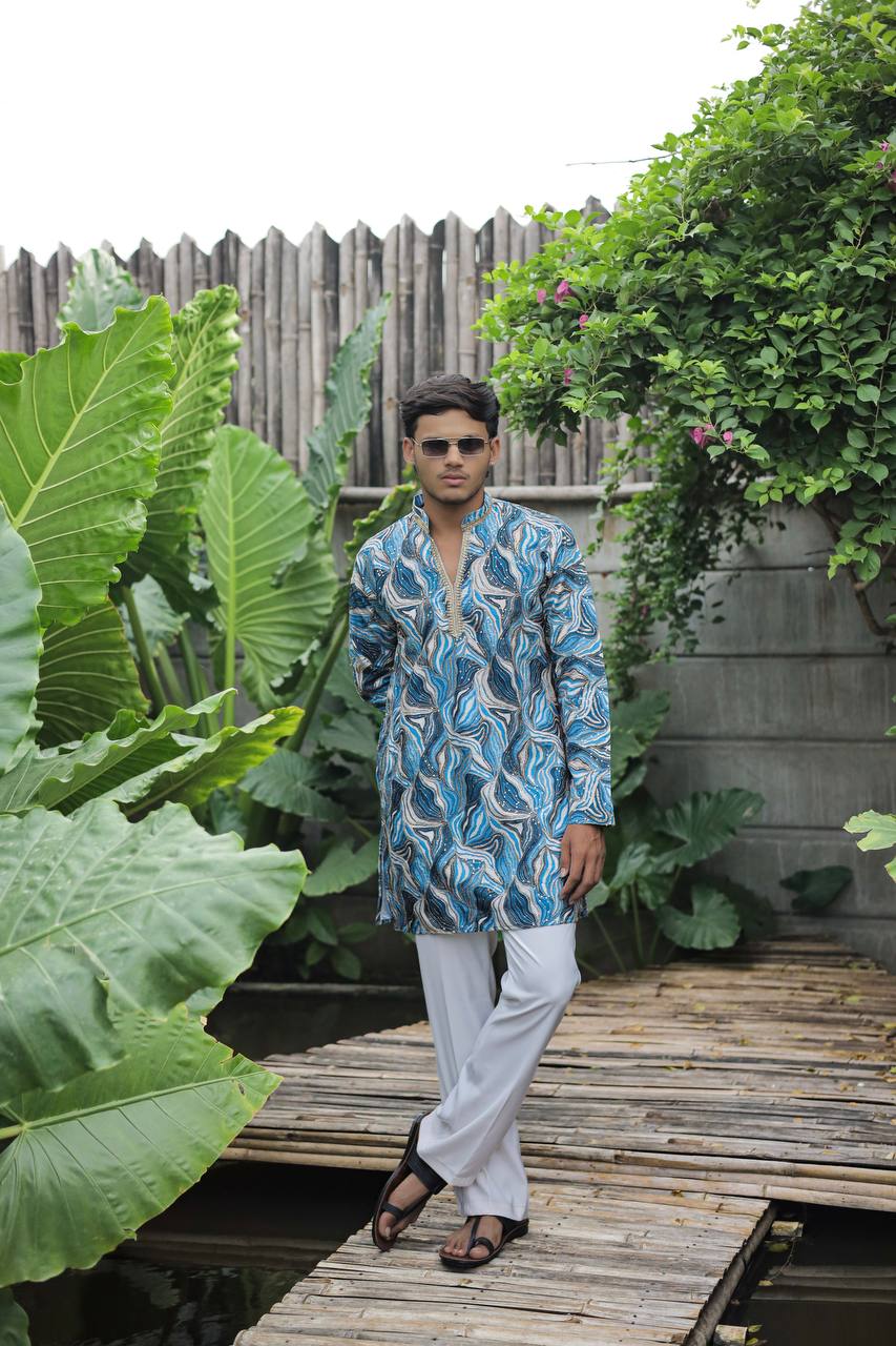 Skyblue Carnival Position Printed Premium Kurta