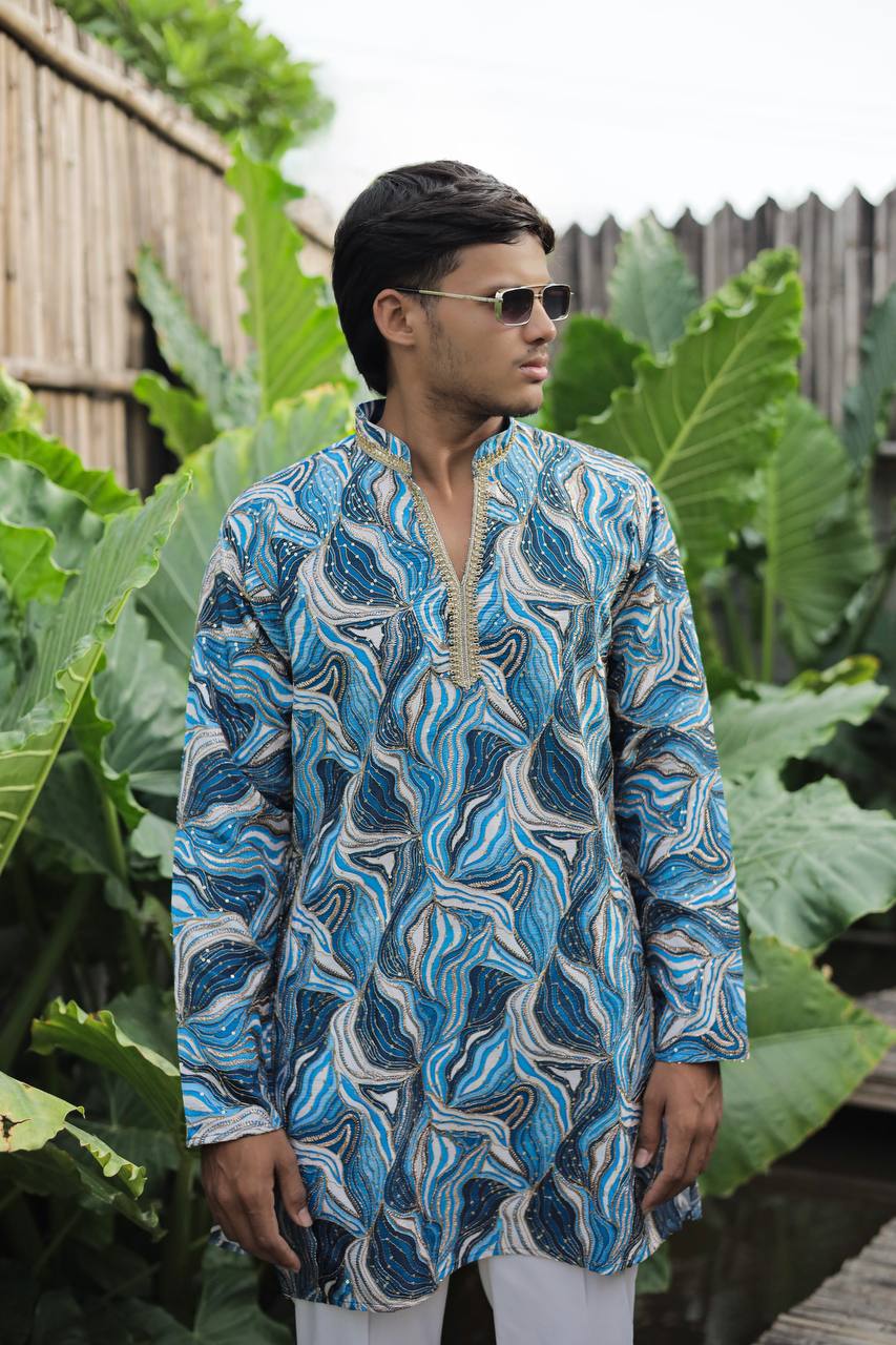 Skyblue Carnival Position Printed Premium Kurta