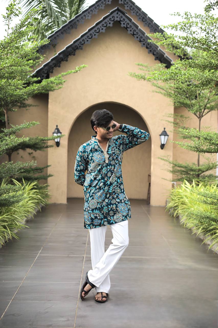 Teal Blue Floral Position Printed Premium Kurta