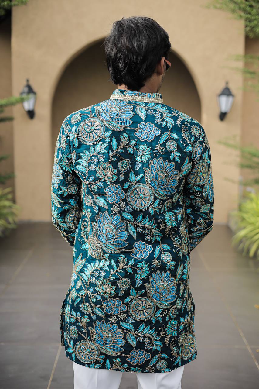 Teal Blue Floral Position Printed Premium Kurta