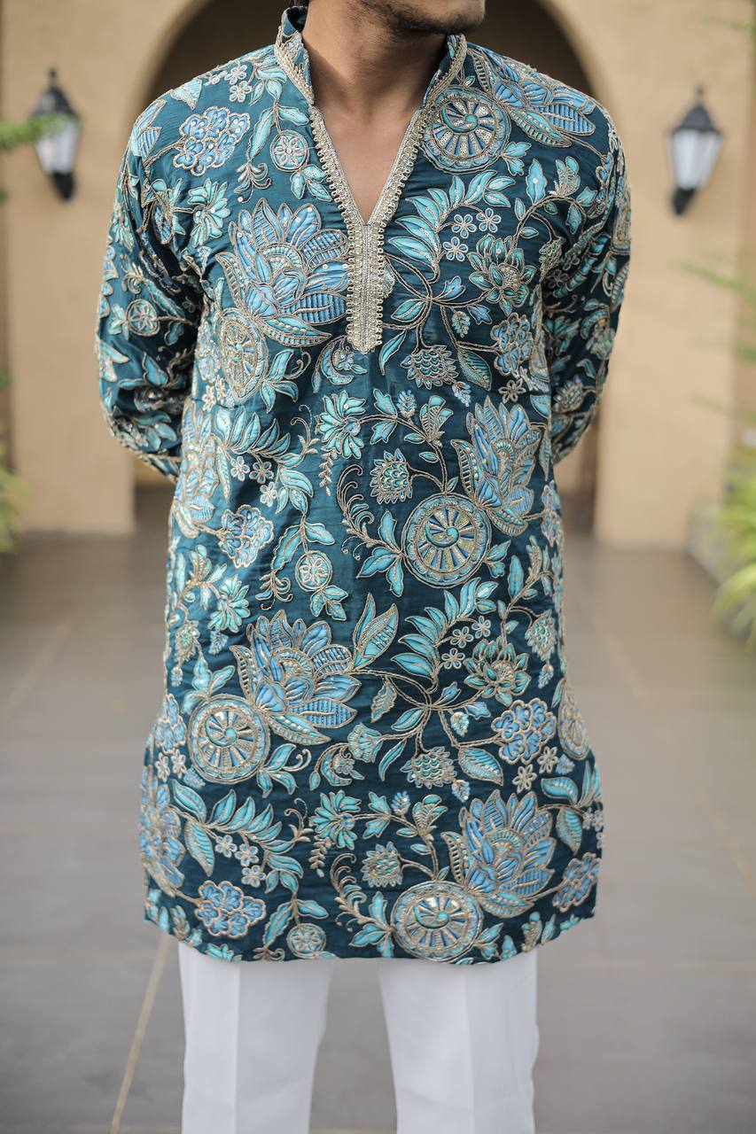 Teal Blue Floral Position Printed Premium Kurta