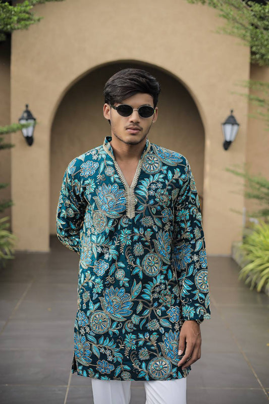 Teal Blue Floral Position Printed Premium Kurta