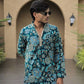Teal Blue Floral Position Printed Premium Kurta