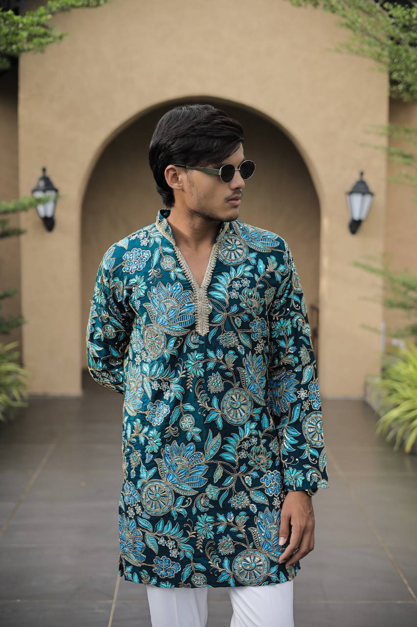 Teal Blue Floral Position Printed Premium Kurta