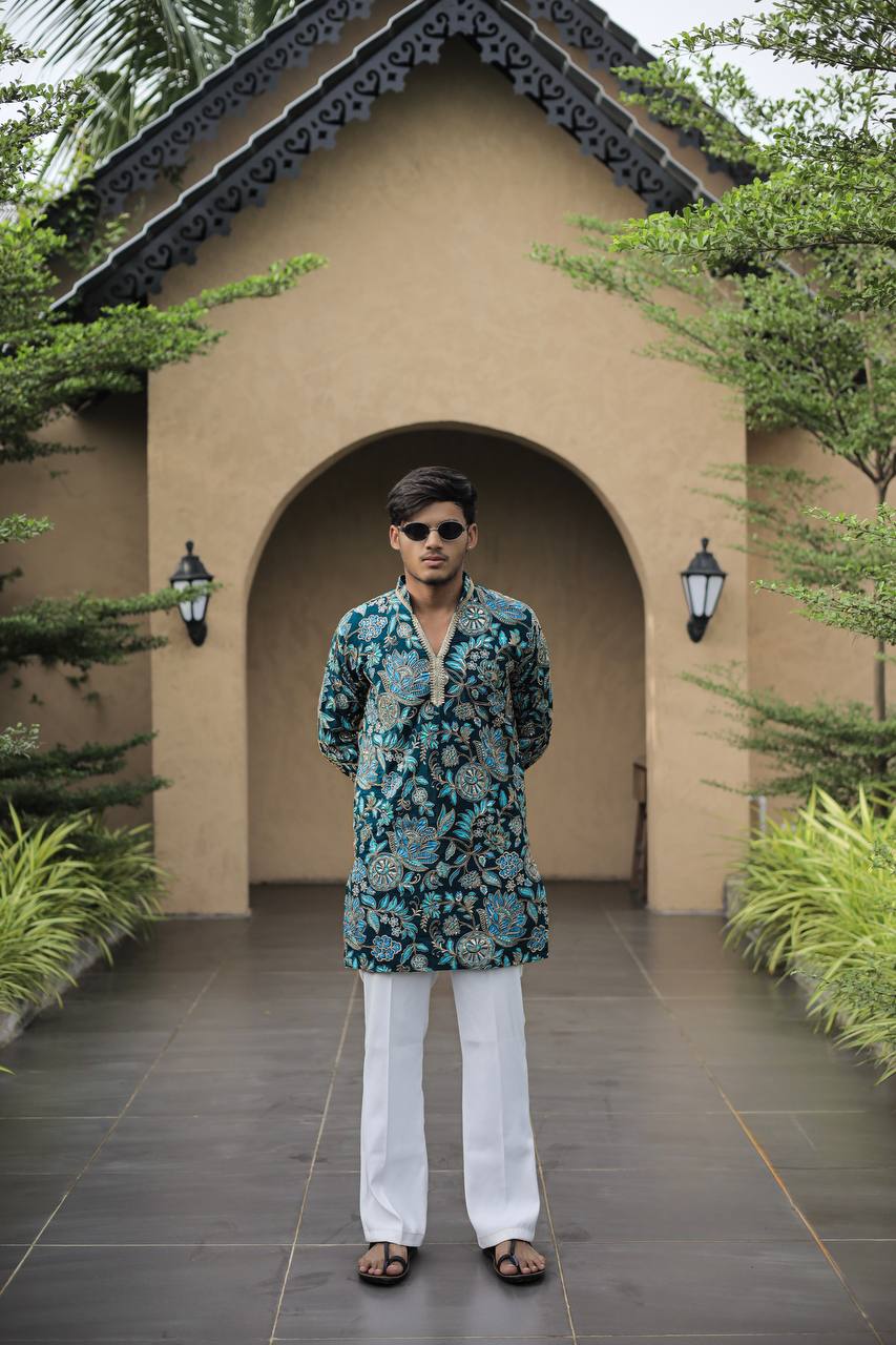 Teal Blue Floral Position Printed Premium Kurta