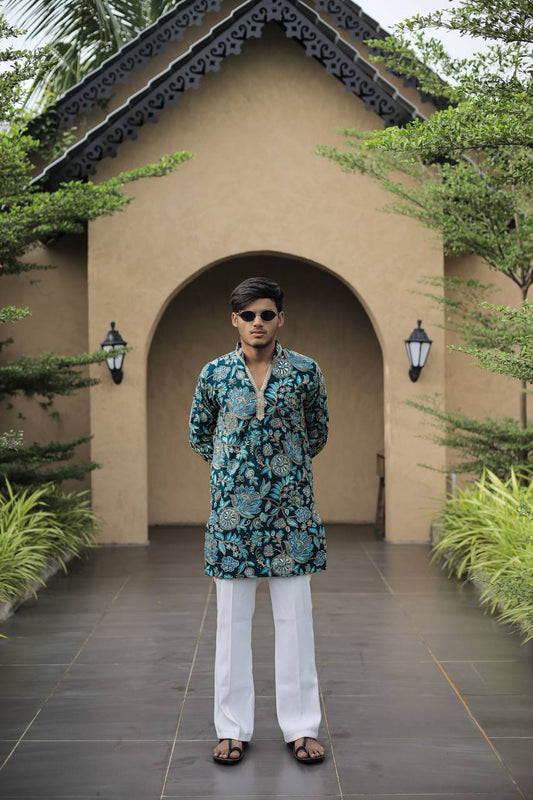 Teal Blue Floral Position Printed Premium Kurta