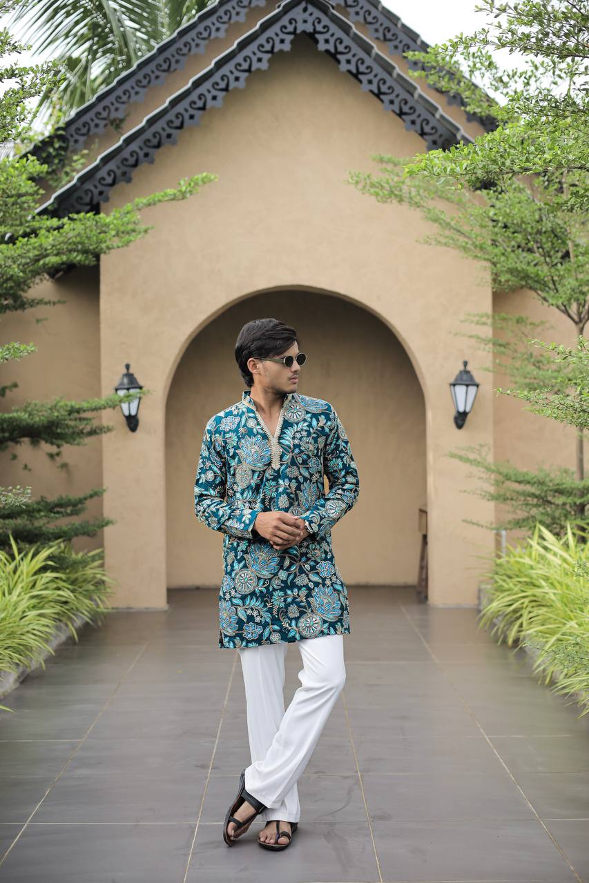 Teal Blue Floral Position Printed Premium Kurta