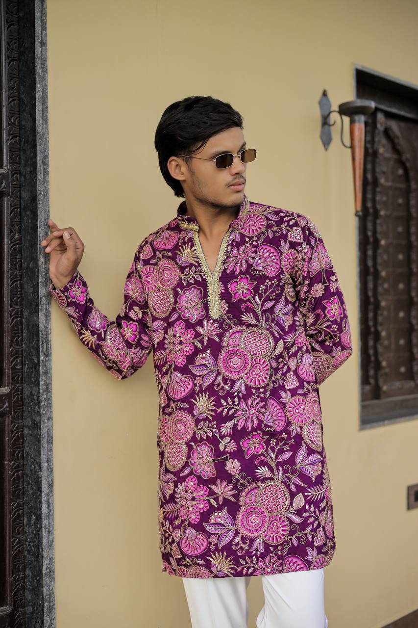 Deep Purple Floral Position Printed Premium Kurta