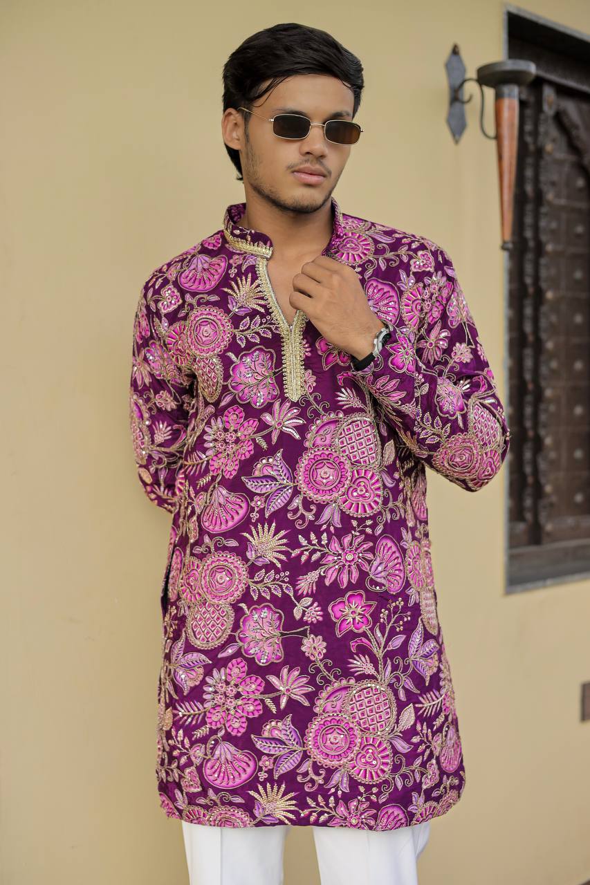 Deep Purple Floral Position Printed Premium Kurta