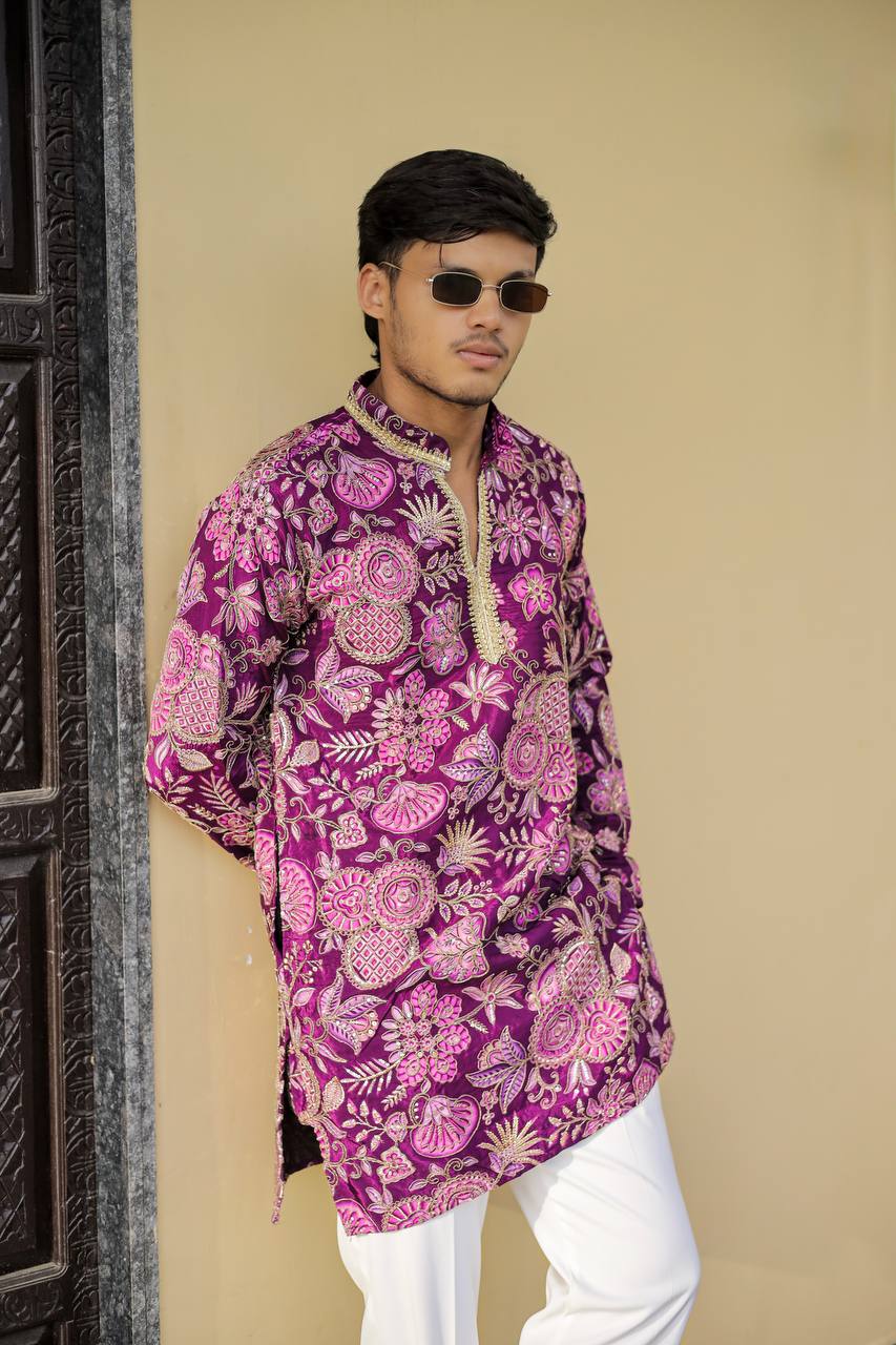 Deep Purple Floral Position Printed Premium Kurta