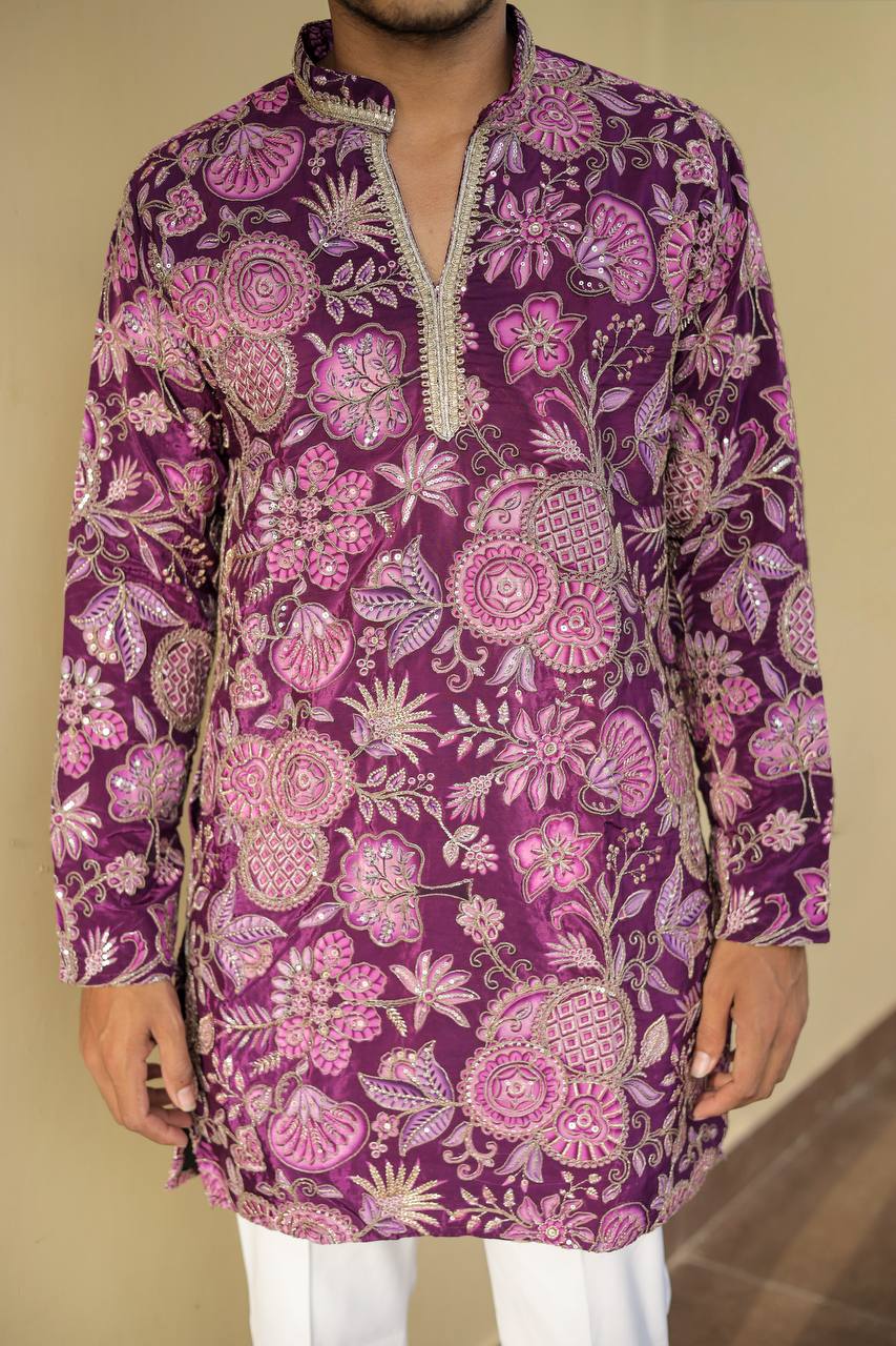 Deep Purple Floral Position Printed Premium Kurta