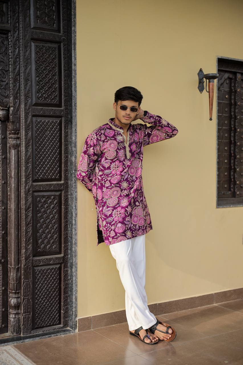 Deep Purple Floral Position Printed Premium Kurta