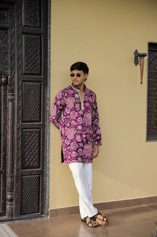 Deep Purple Floral Position Printed Premium Kurta