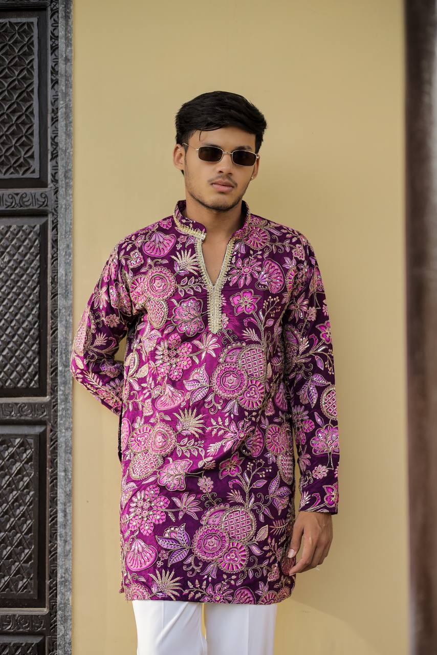 Deep Purple Floral Position Printed Premium Kurta