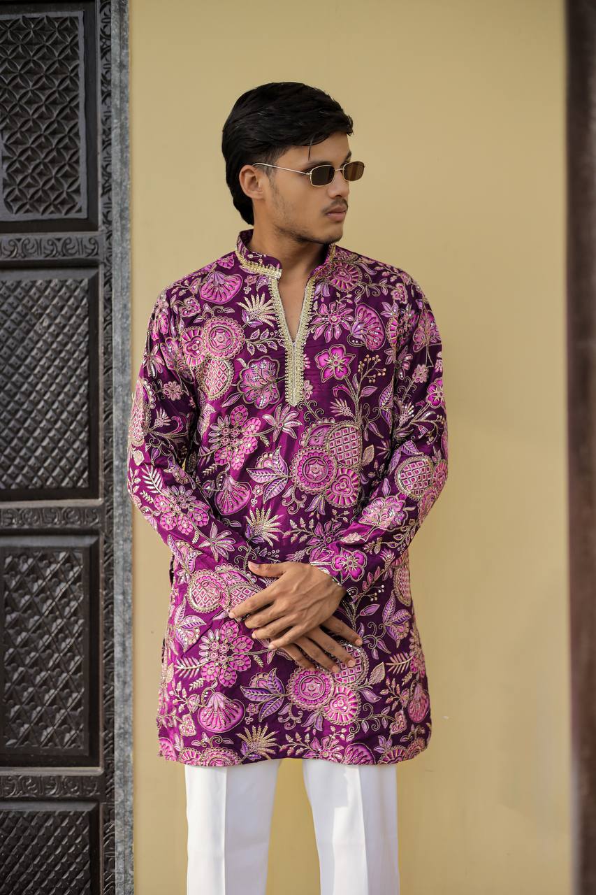 Deep Purple Floral Position Printed Premium Kurta
